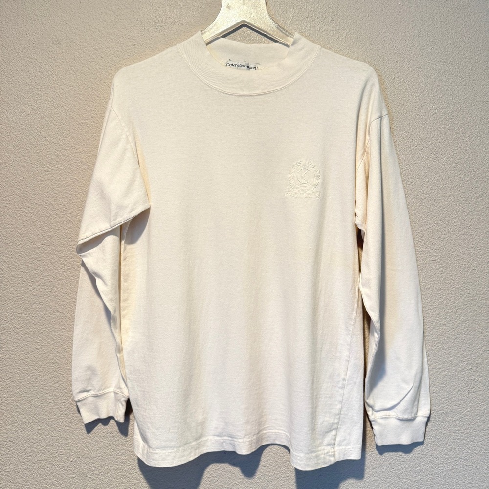 Vintage Calvin Klein Sport Cream Long Sleeve Mock Neck Embroidered Crest Shirt M